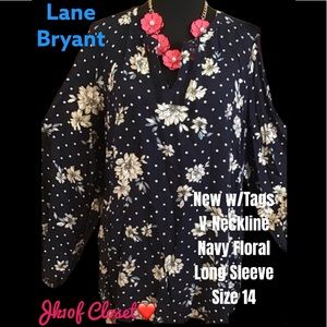 🌼NWT LANE BRYANT Sz14 WHITE FLORALS & POLKA DOTS ON NAVY TOP